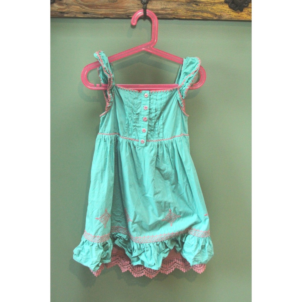 Matilda Jane Girls Dress Size 2 Summer Ruffle Turquoise Pink Embroidered